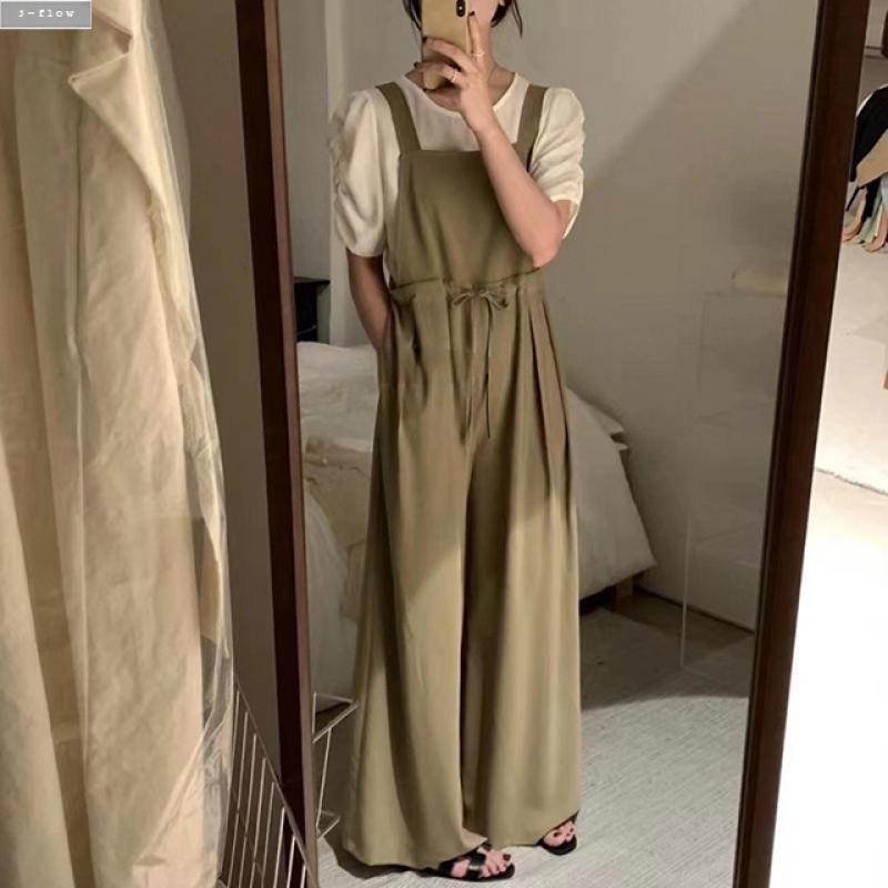 피티 실키 와이드 민소매 허리스트링 점프슈트 2col 가을 봄 롱 오버롤 찰랑 핀턱 제이플로우
