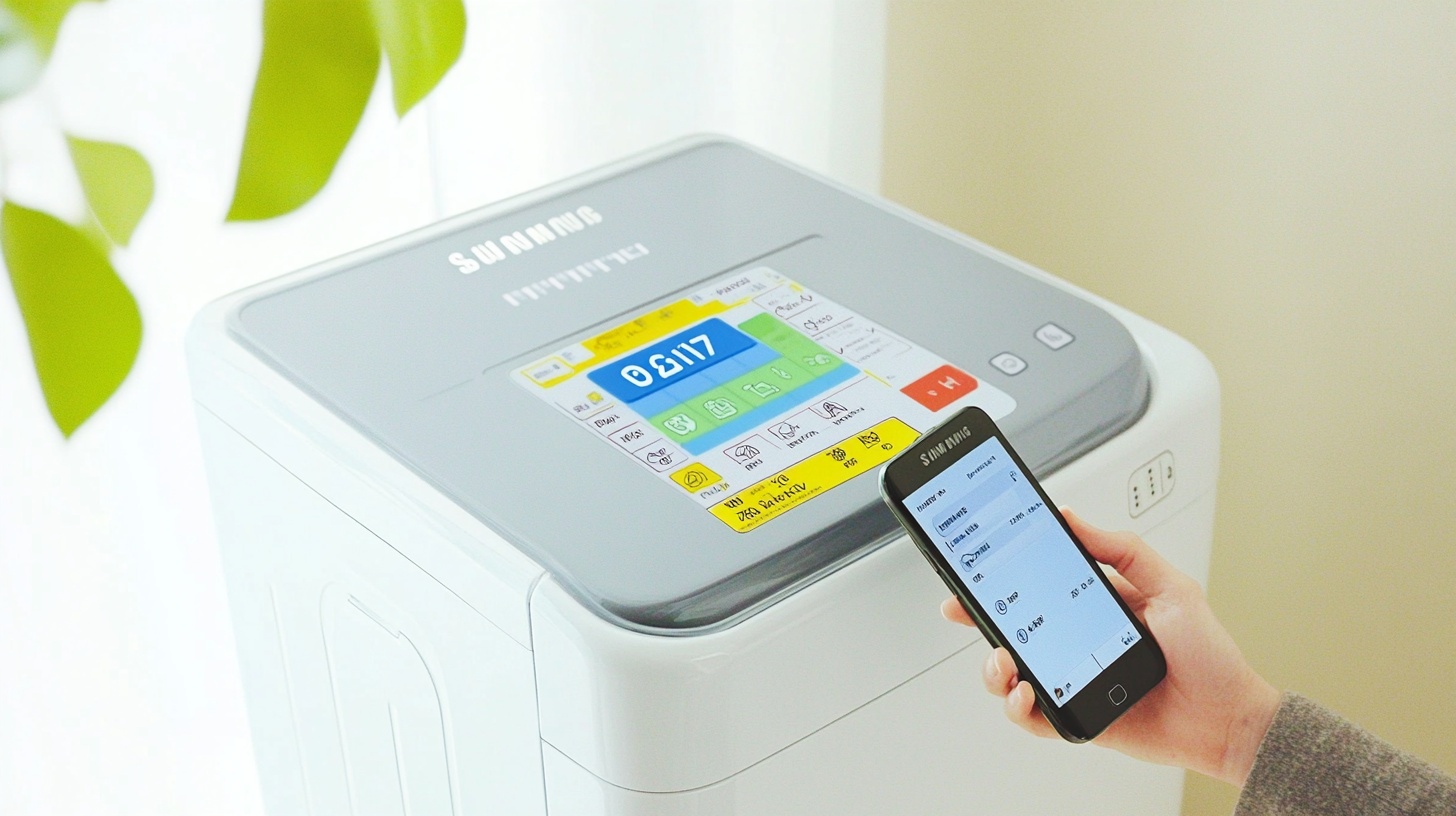 스마트폰을 통해 삼성 세탁기를 제어하는 장면으로, WF2117HCVVC의 스마트 컨트롤 기능을 활용하는 소비자의 모습입니다.