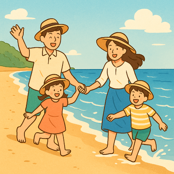 해변에서 봄 연휴를 즐기는 한국 가족의 일러스트 이미지