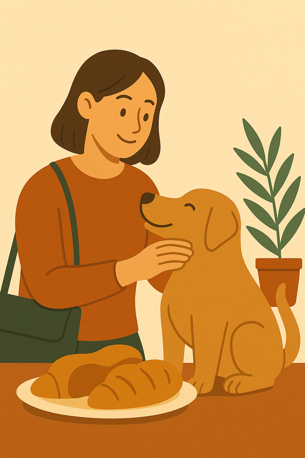 따뜻한 브라운 톤의 플랫 스타일 일러스트로, 브라운 스웨터를 입은 반려동물관리사가 웃으며 앉아 있는 황금빛 강아지의 턱을 살짝 들어 가볍게 어루만지고 있다. 오른쪽에는 작은 화분이 놓여 있어 포근한 돌봄 현장 분위기를 전달한다.