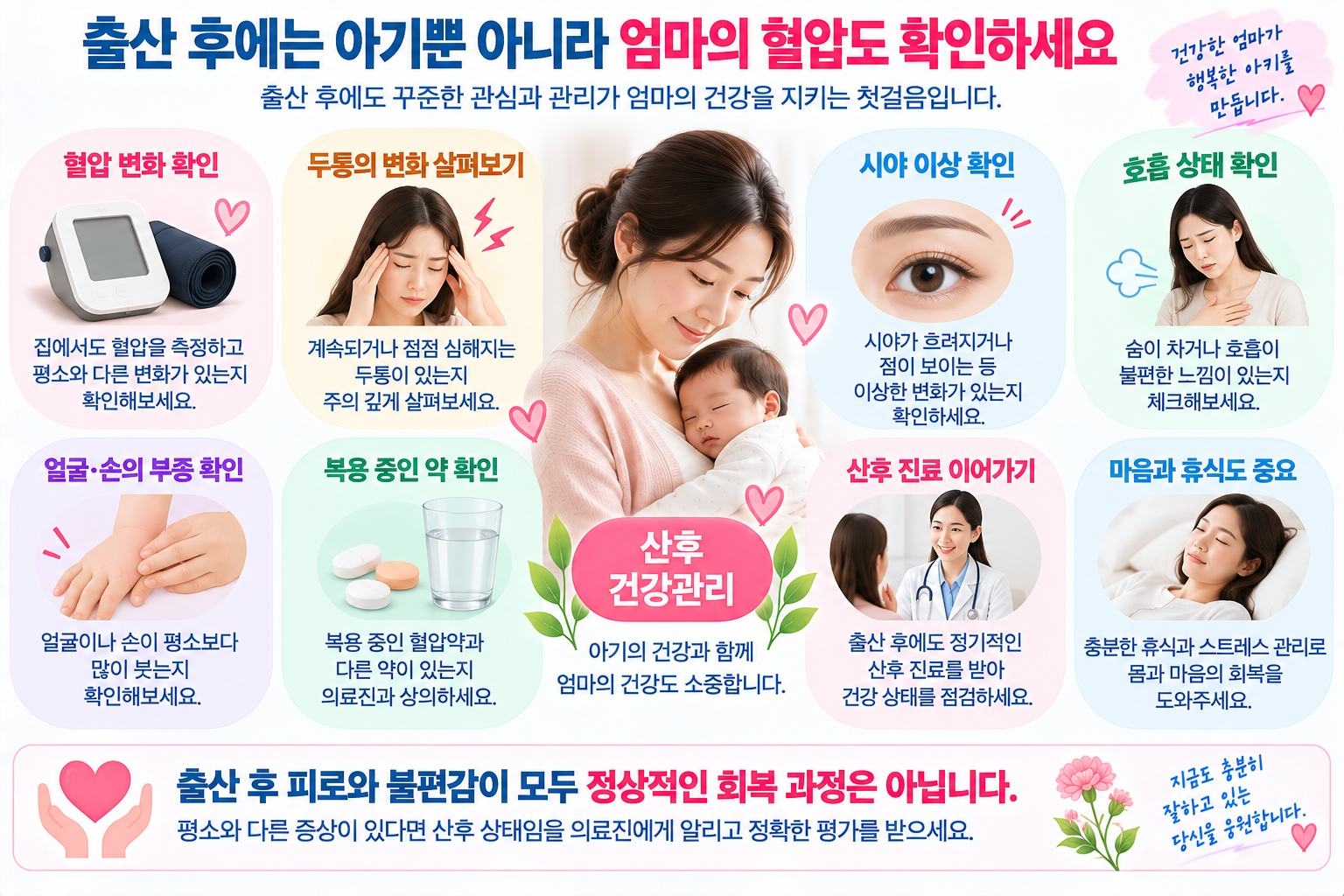 산후 혈압과 두통, 시야, 호흡, 부종, 복약을 점검하는 그림