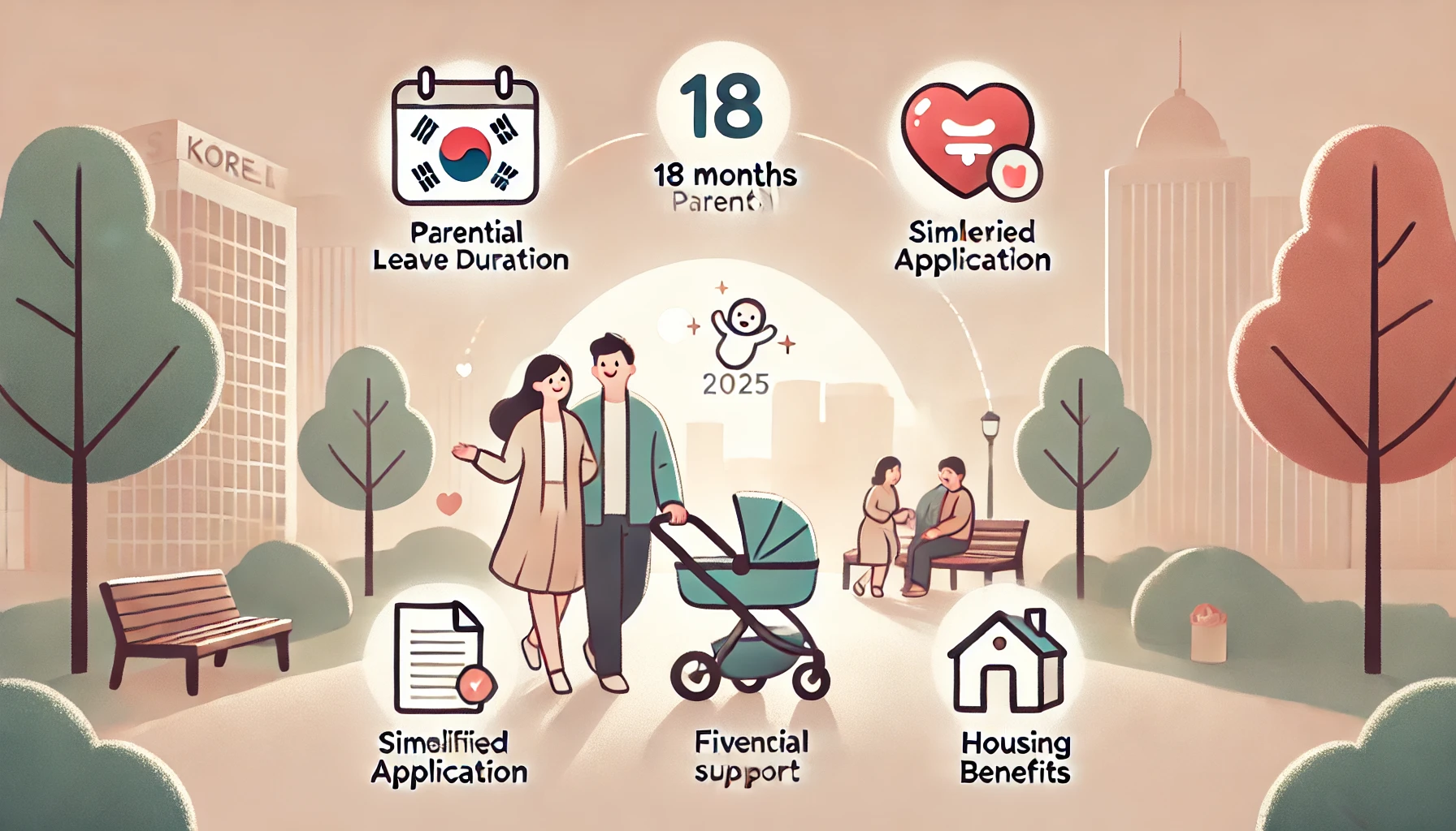 2025년 대한민국 부모 혜택을 상징하는 일러스트. 유모차를 끄는 젊은 부부와 함께 육아휴직, 재정지원, 간편 신청, 주거혜택을 상징하는 아이콘이 공원 배경 속에 표현
