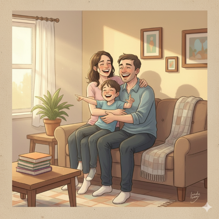 린다와 후베르트, 케빈 세 사람이 함께 웃고 있는 따뜻한 삽화