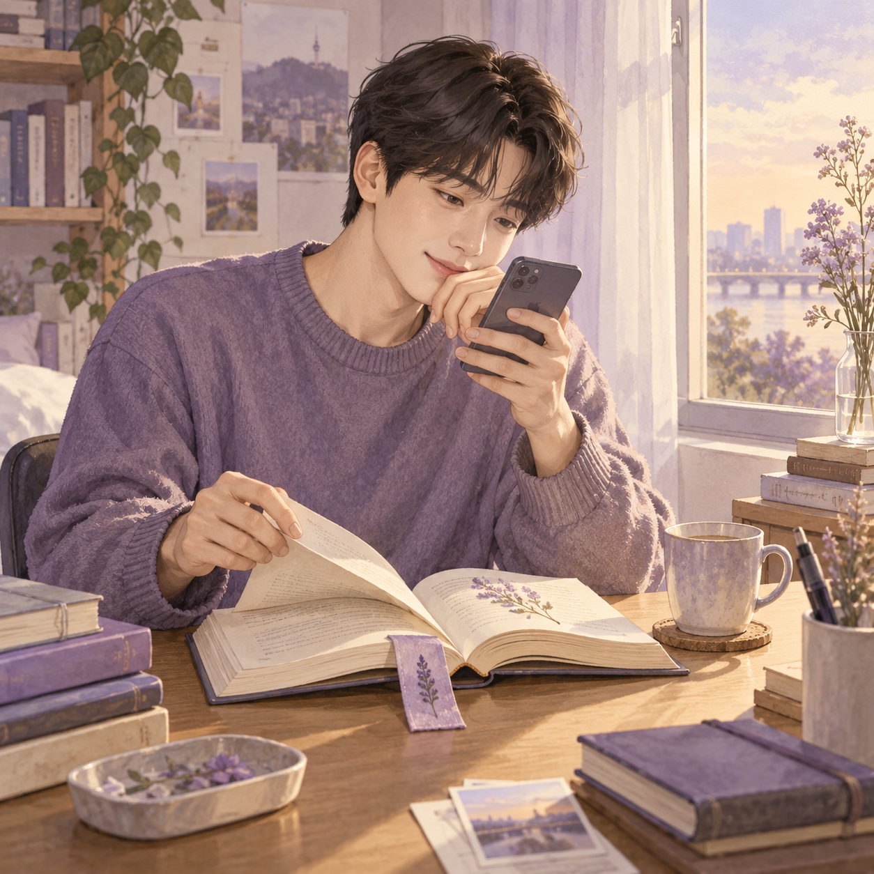 좋아하는 책 속 문장을 떠올리며 휴대폰으로 메시지를 보내는 남성