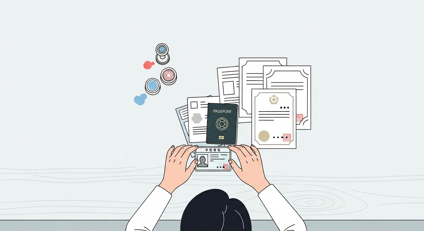 부모가 신분증과 가족관계증명서를 정리하는 장면 &mdash; 서류는 3개월 이내 발급분으로 준비해야 합니다.