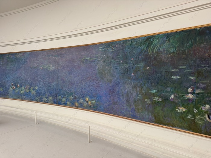 Panoramic view of Claude Monet Water Lilies featuring weeping willow and blue pond reflections.