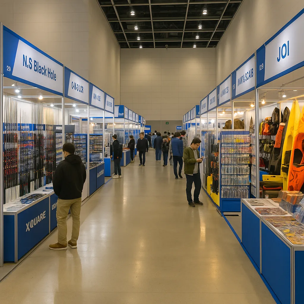 실내 전시장에 낚시 및 해양레저 장비 부스가 빼곡히 설치된 모습