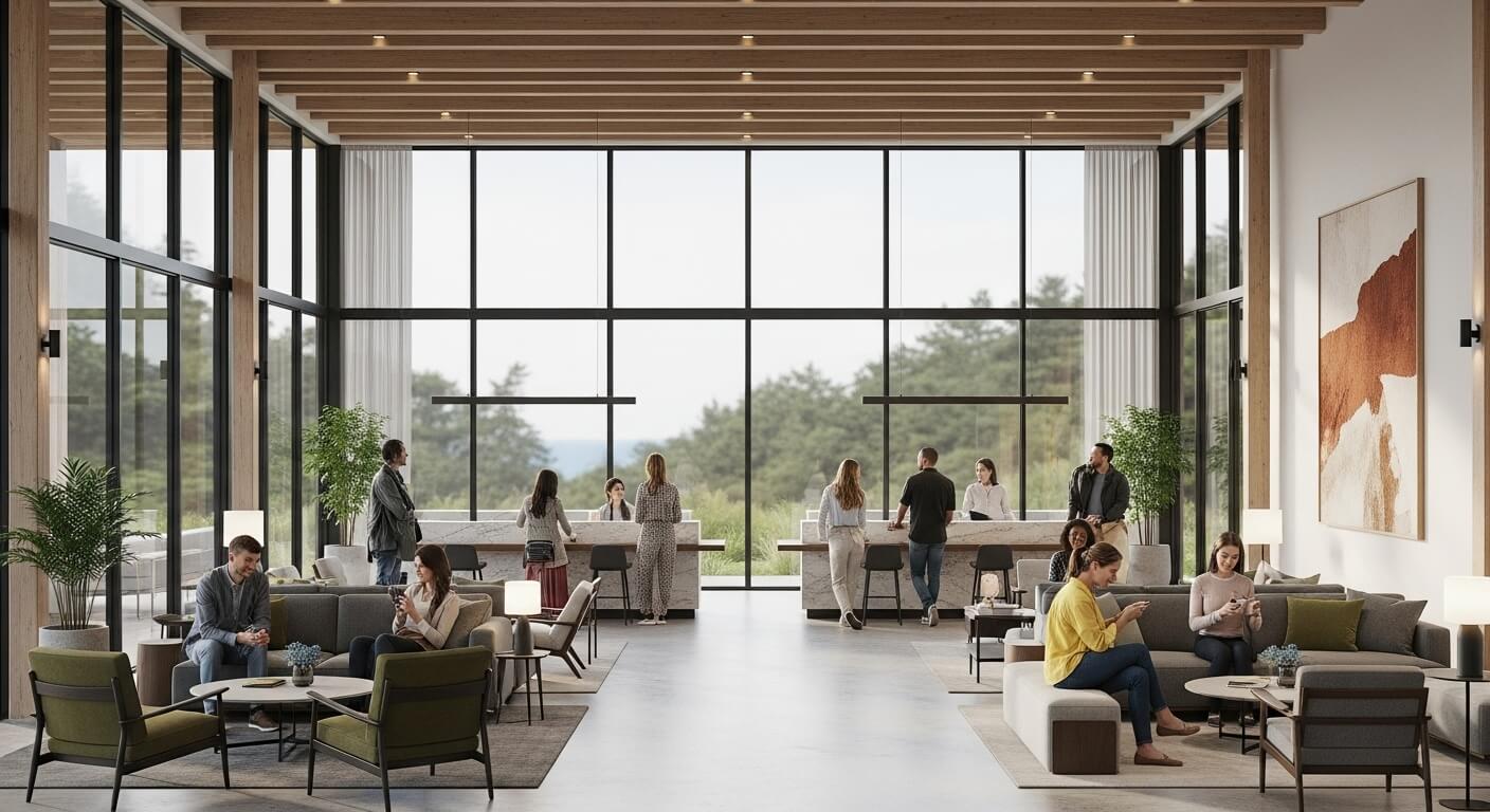 넓은 창이 있는 현대적인 호텔 로비에서 체크인하는 여행객들