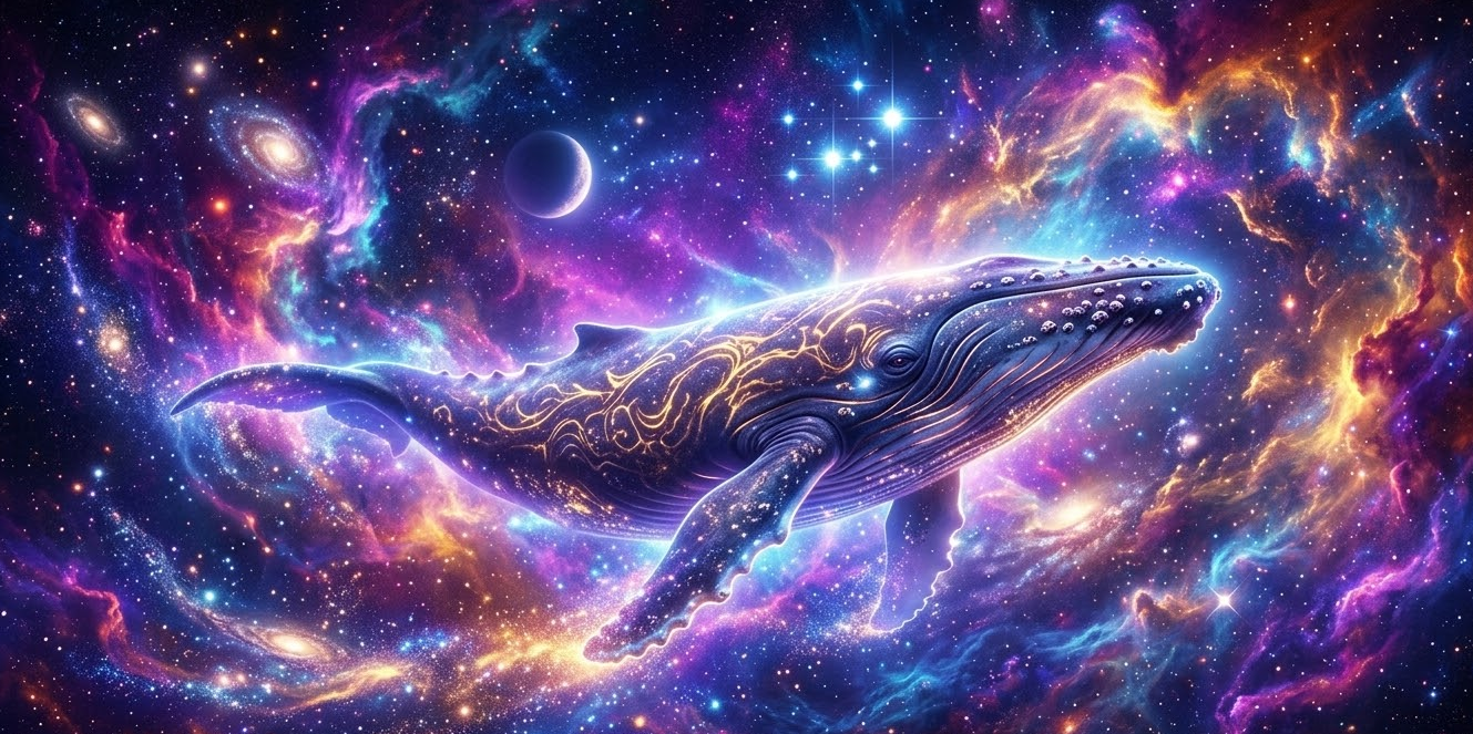우주 공간에서 고래가 유영하는 화려하고 몽환적인 AI 생성 영상 시각화