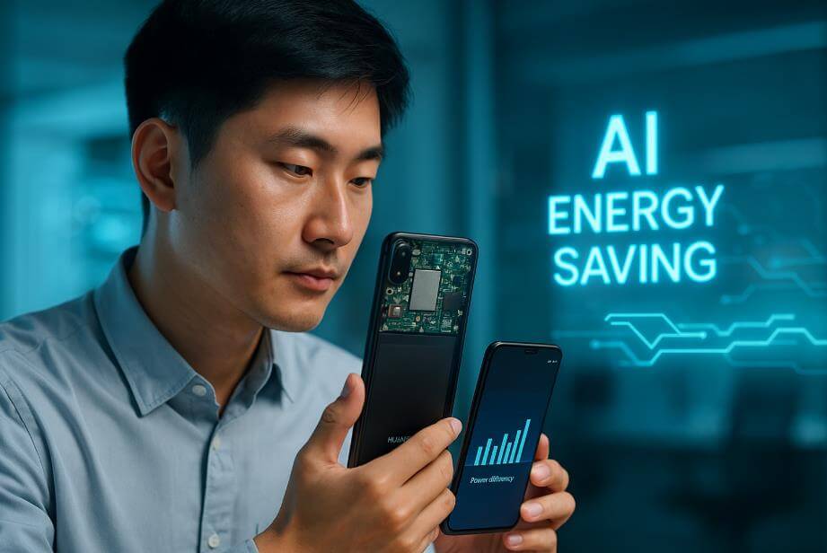 화웨이의 AI Energy Saving 기술을 설명하는 엔지니어의 장면