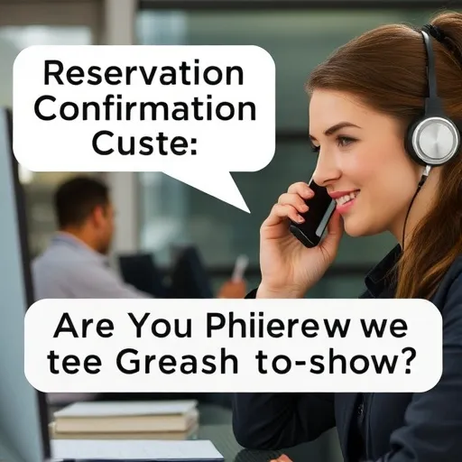 직원이 전화로 손님에게 예약 확인을 하고 있거나, 스마트폰으로 예약 확인 문자를 발송하는 모습을 보여줍니다. 화면에는 '예약 확인 요청' 또는 '방문 예정이신가요?' 같은 문구가 보입니다.