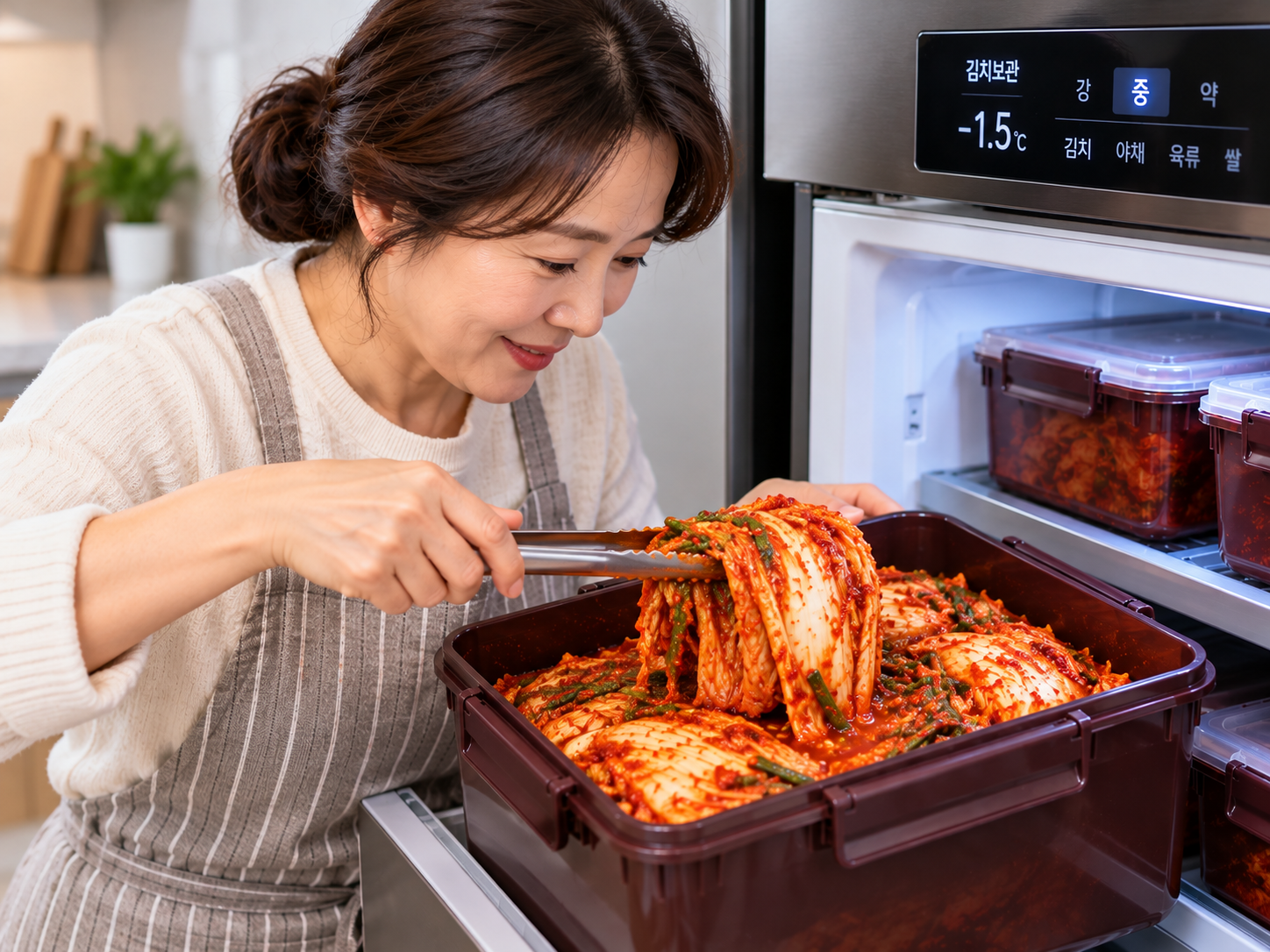 김치냉장고에서 꺼낸 김장김치의 상태를 확인하는 중년 여성