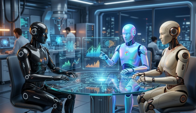 ChatGPT, Gemini, Claude를 상징하는 서로 다른 디자인의 로봇들이 협업하는 모습