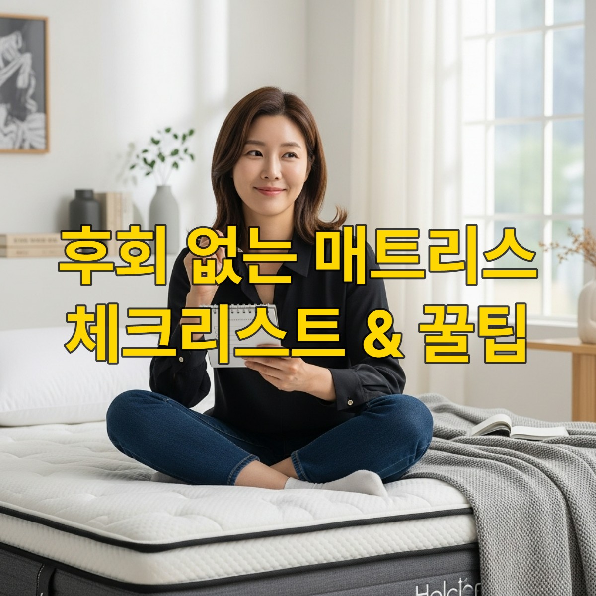 편안해 보이는 프리미엄 매트리스에 앉아 체크리스트를 들고 미소 짓는 한국 여성