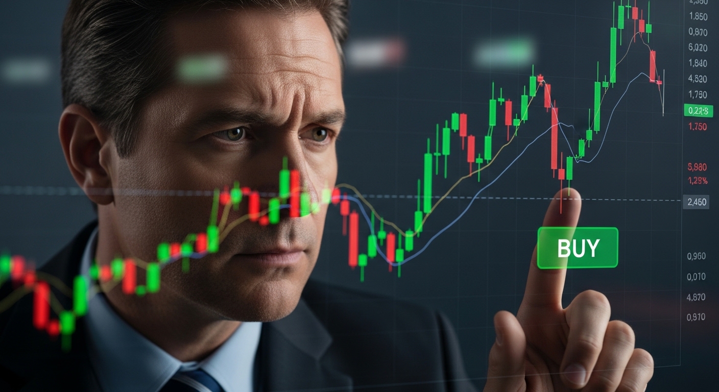 Close-up shot of an investor with a cautious expression contemplating pressing the 'BUY' button in front of a rising stock chart.