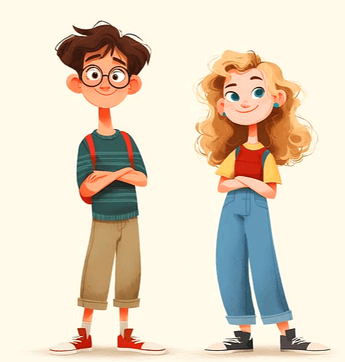 남자아이와 여자 아이가 나란히 서있다. 남자는 검정 안경을 썼고, 여자는 금발의 곱슬머리다.