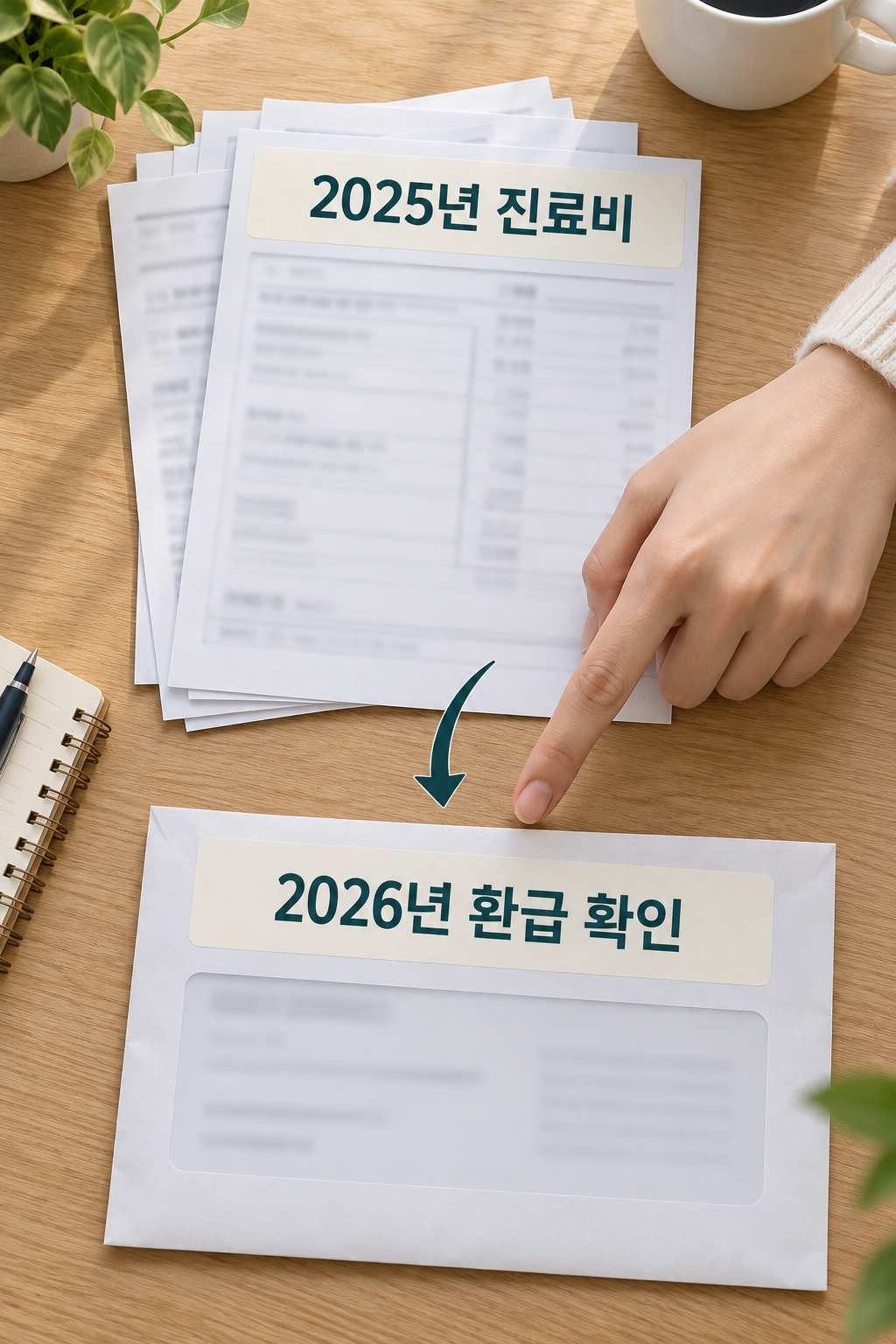 2025년 진료비 서류와 2026년 환급 안내를 구별해 놓은 책상