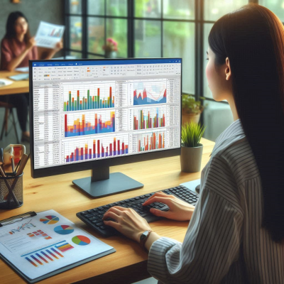 데이터 분석 대시보드 화면을 보고 있는 사람의 모습.