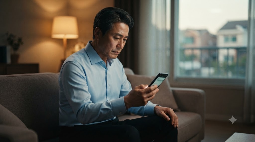 퇴직 후에 자신의 통장 계좌를 확인하고 있는 남성