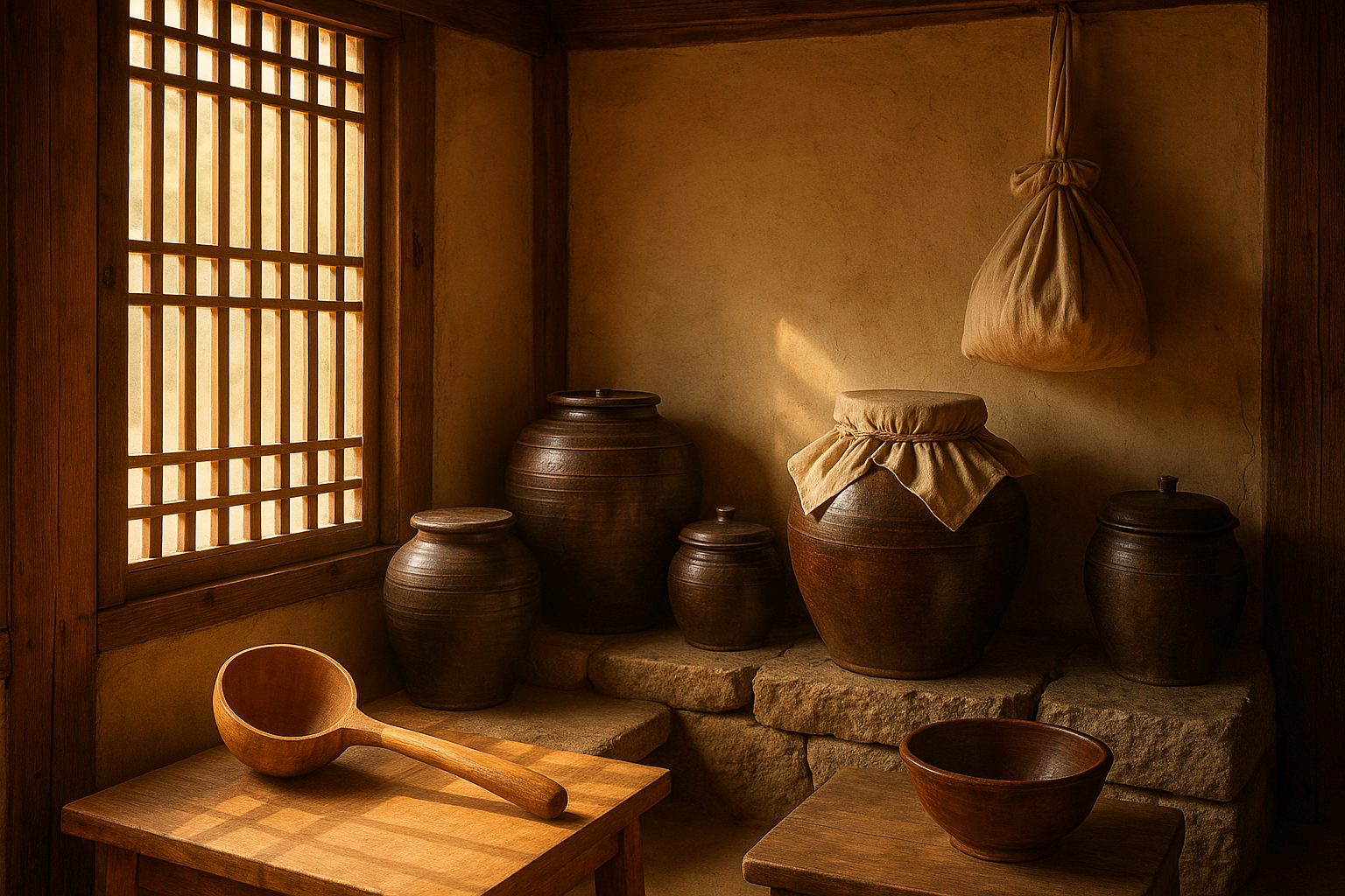 전통 부엌에서 나무 그릇과 옹기를 사용하는 모습