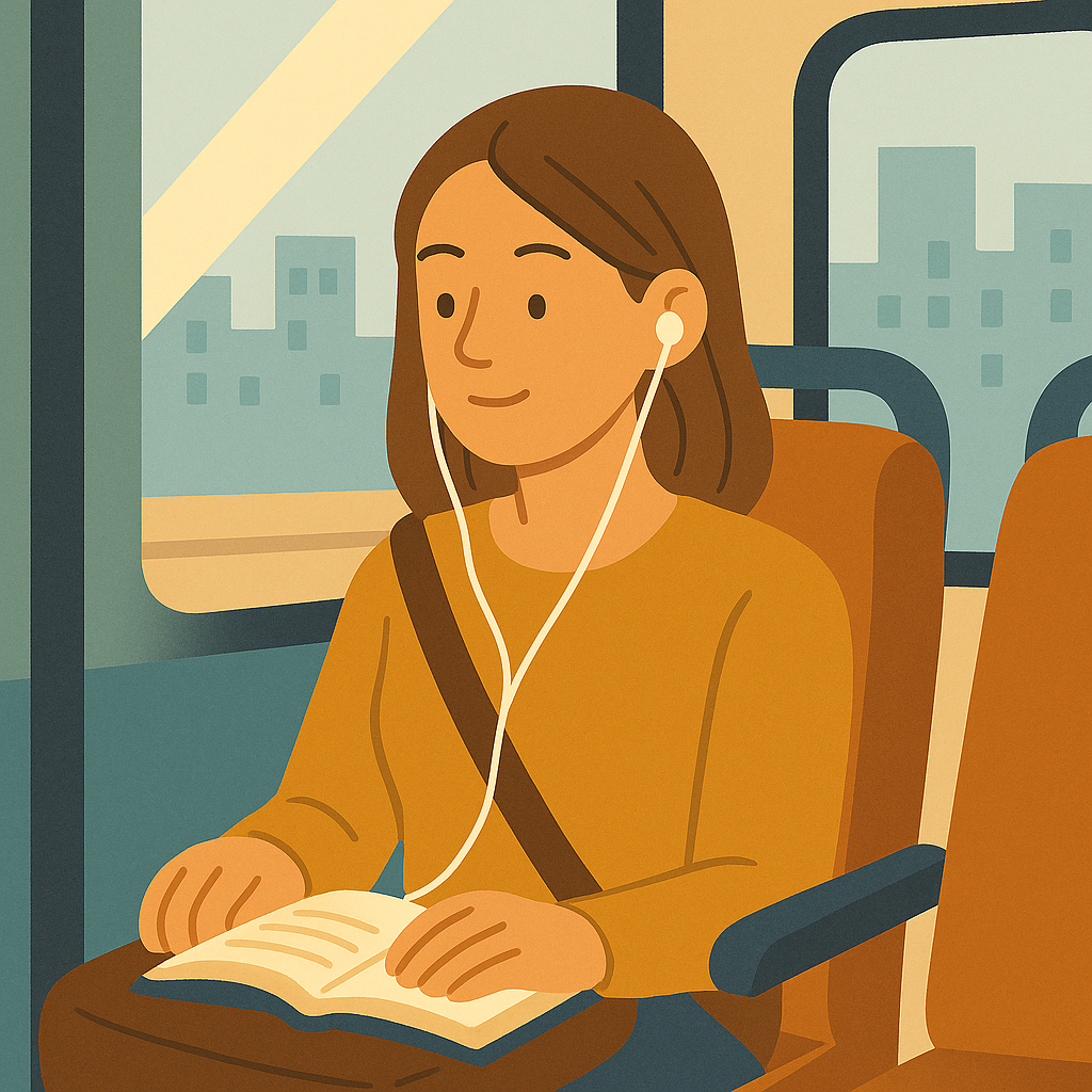 버스 창가 자리에 앉은 젊은 여성이 이어폰을 꽂은 채 노트북 또는 책을 들여다보며 온라인 강의를 듣는 모습이 담긴 플랫 스타일 일러스트. 차창 너머로는 흐릿한 도시 풍경이 보입니다.