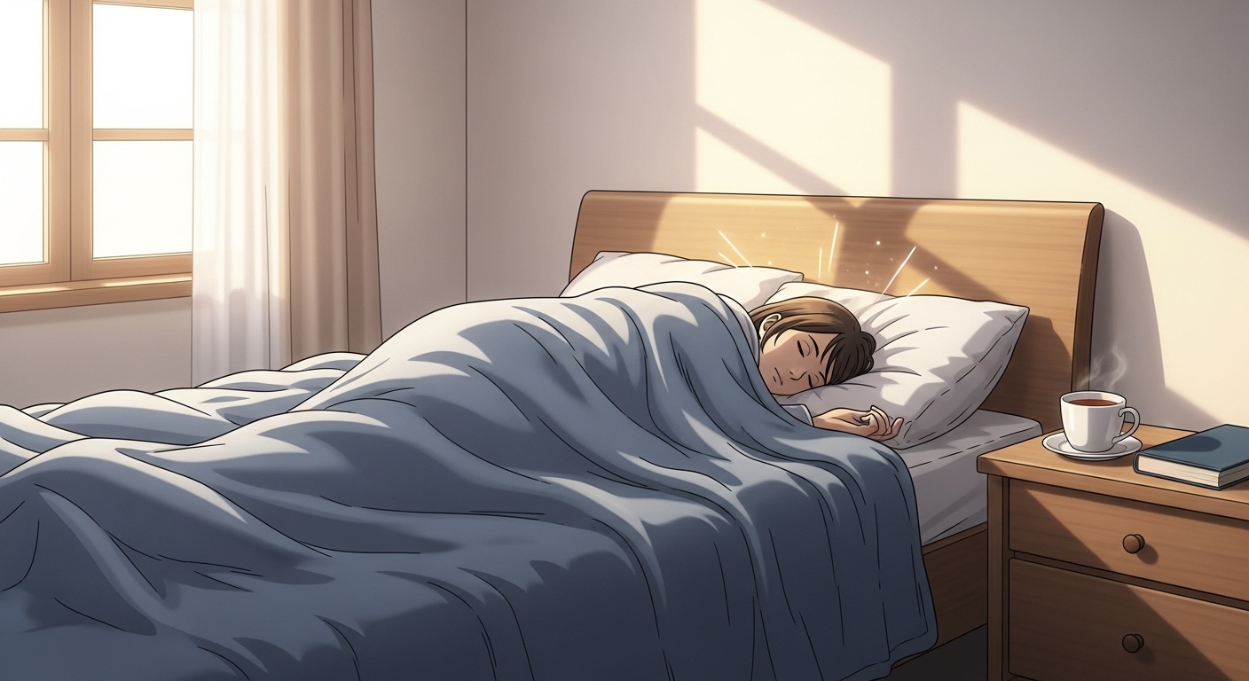 고요한 침실에서 숙면을 취하는 사람, 충분한 수면과 스트레스 관리의 중요성.