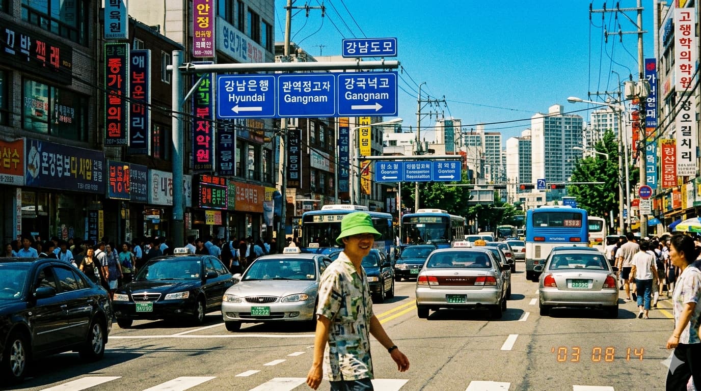 강렬한 태양광 아래 서울 도심 교차로 풍경을 담은 사진으로 파란색과 초록색이 강조된 빈티지 디지털 카메라 특유의 색감 묘사.