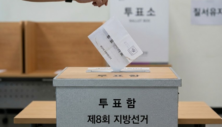 투표함에 투표지가 부드럽게 들어가는 찰나의 순간을 포착한 고속 촬영 스타일의 사진,
