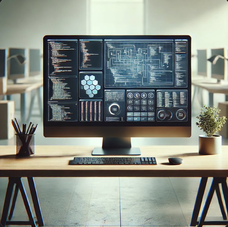 고해상도 컴퓨터 화면과 기술 작업 공간