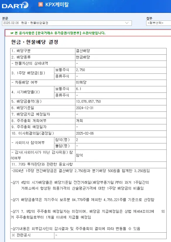 KPX케미칼(025000) 2025년 배당금