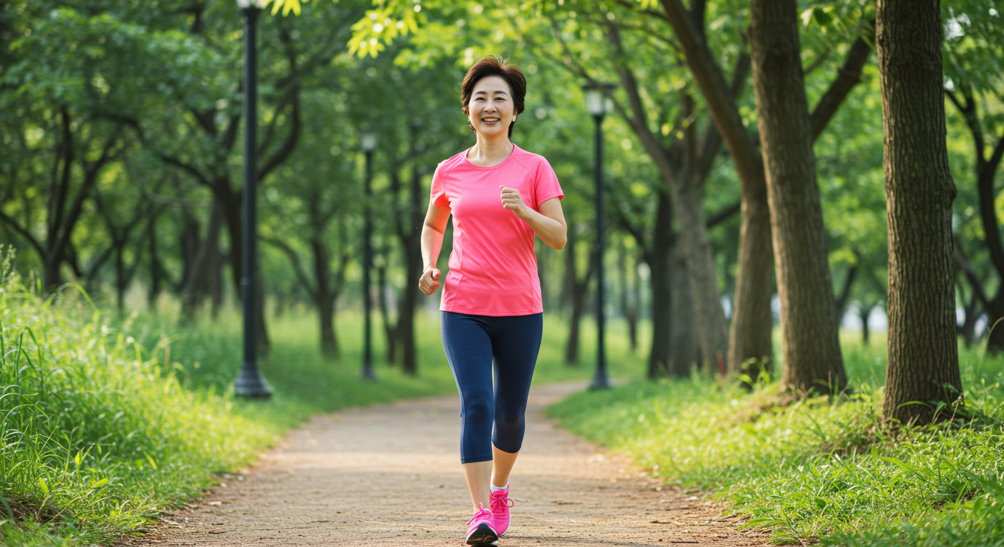 공원에서 활기차게 걷는 여성