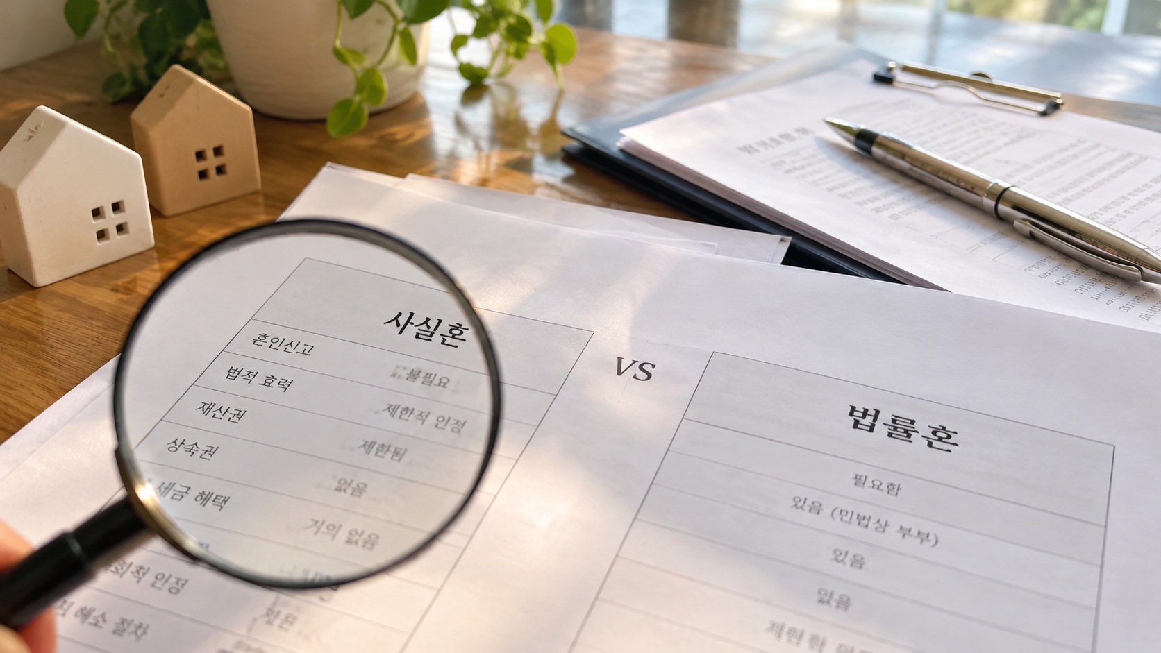 사실혼과 법률혼의 차이를 정리한 비교 서류를 돋보기로 살펴보는 모습