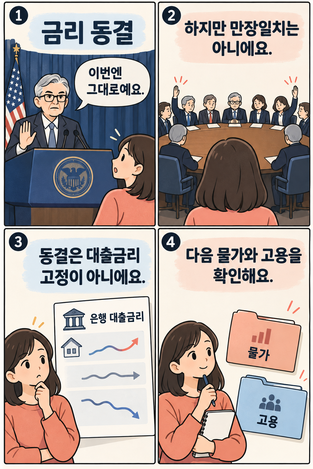 금리 동결에도 위원들의 의견이 갈릴 수 있고, 동결이 은행 대출금리 고정을 뜻하지는 않으며 다음 물가와 고용 지표를 확인해야 한다는 내용을 설명하는 4컷 만화