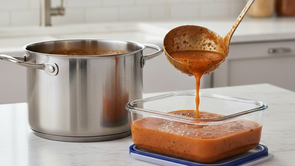 산성, 염분 많은 요리(김치찌개, 토마토소스)등을 냄비에 오래 보관한 모습