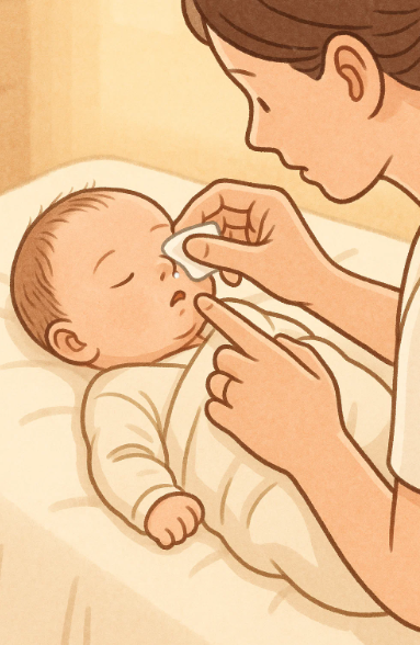 신생아의 눈곱을 조심스럽게 닦아주는 보호자의 손