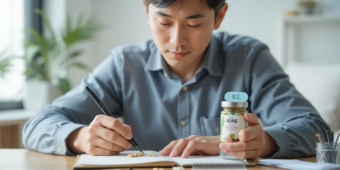 건강 기록하며 영양제 들고 있는 남성