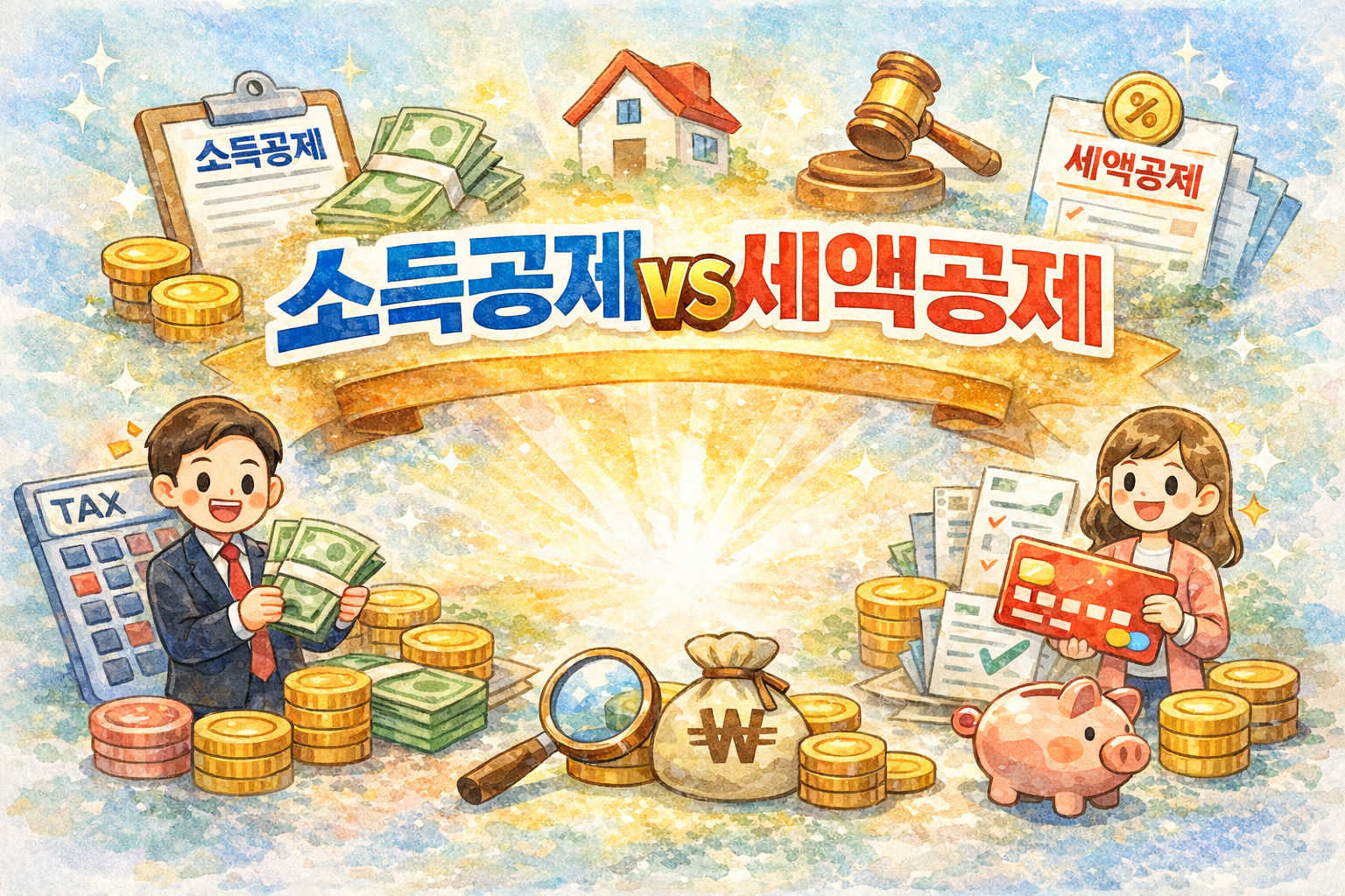 수채화 스타일로 표현한 소득공제와 세액공제 비교 일러스트, 중앙에 ‘소득공제 VS 세액공제’ 문구와 함께 현금, 신용카드, 세금 아이콘이 배치된 이미지
