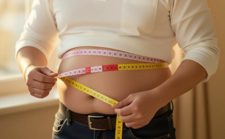 뱃살을 줄자로 재는 사진