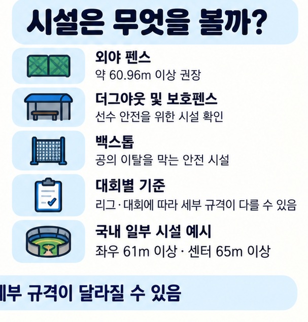 외야 펜스 국내 시설 예시 더그아웃 백스톱 공식대회 기준 등 리틀야구장 시설 체크 항목을 정리한 이미지