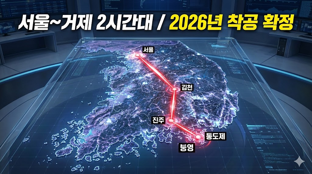 서울과 거제를 잇는 남부내륙철도 노선이 한반도 지도 위에 붉게 표시된 그래픽