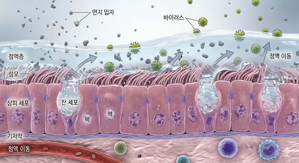 호흡기 감염 시 점액 분비가 증가하여 가래가 형성되는 과정을 묘사한 이미지.