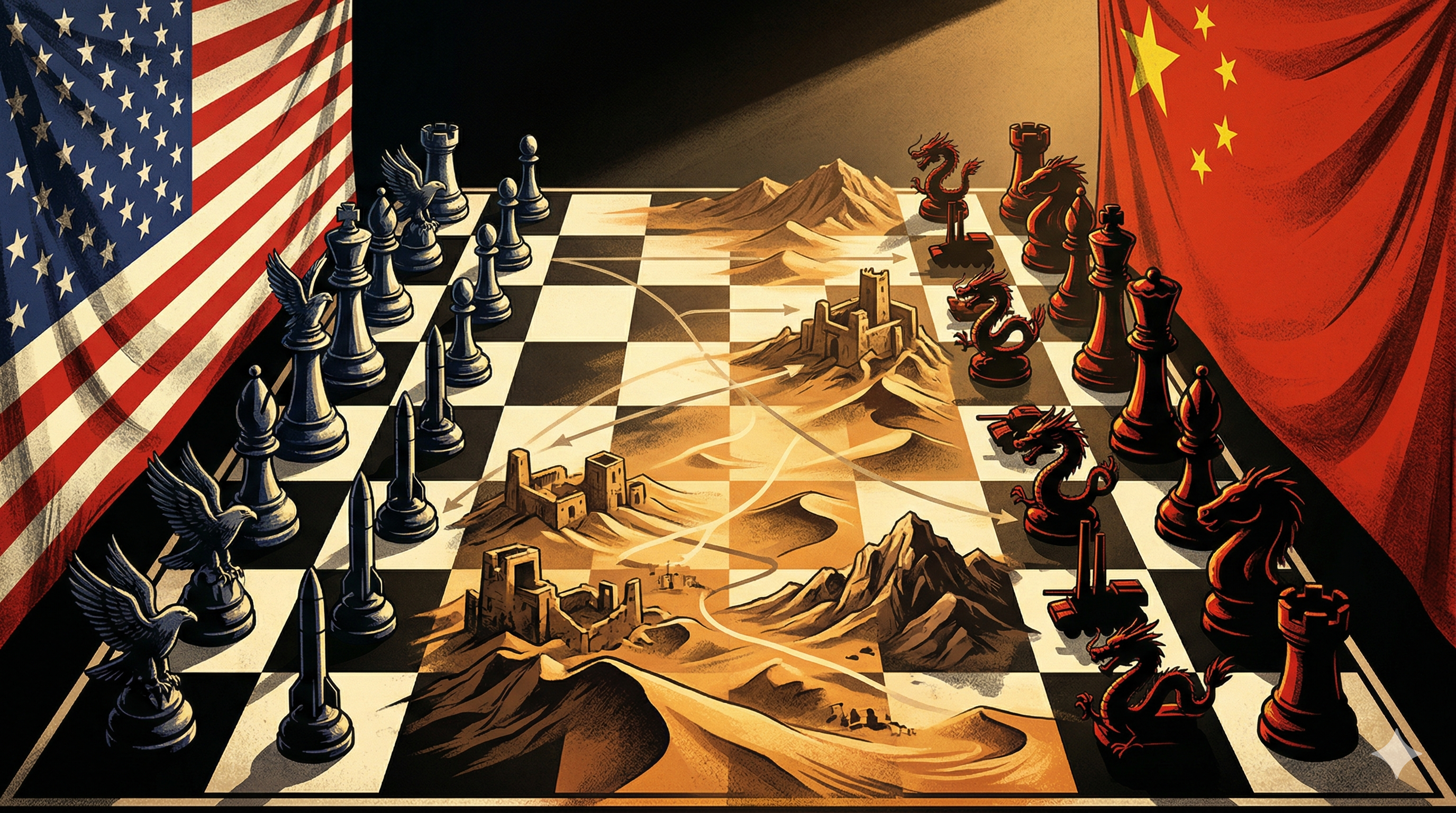 미국과 중국의 패권 경쟁을 상징하는 거대한 체스판과 중동 전장 묘사