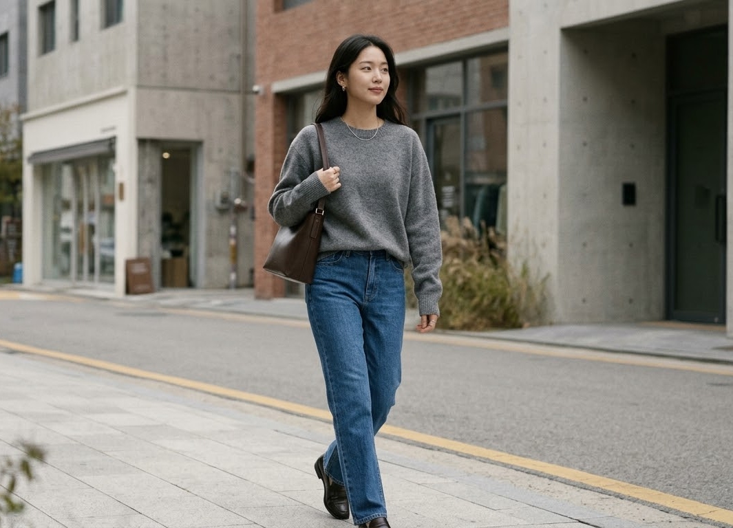 그레이 크루넥 니트와 블루 스트레이트 데님 코디