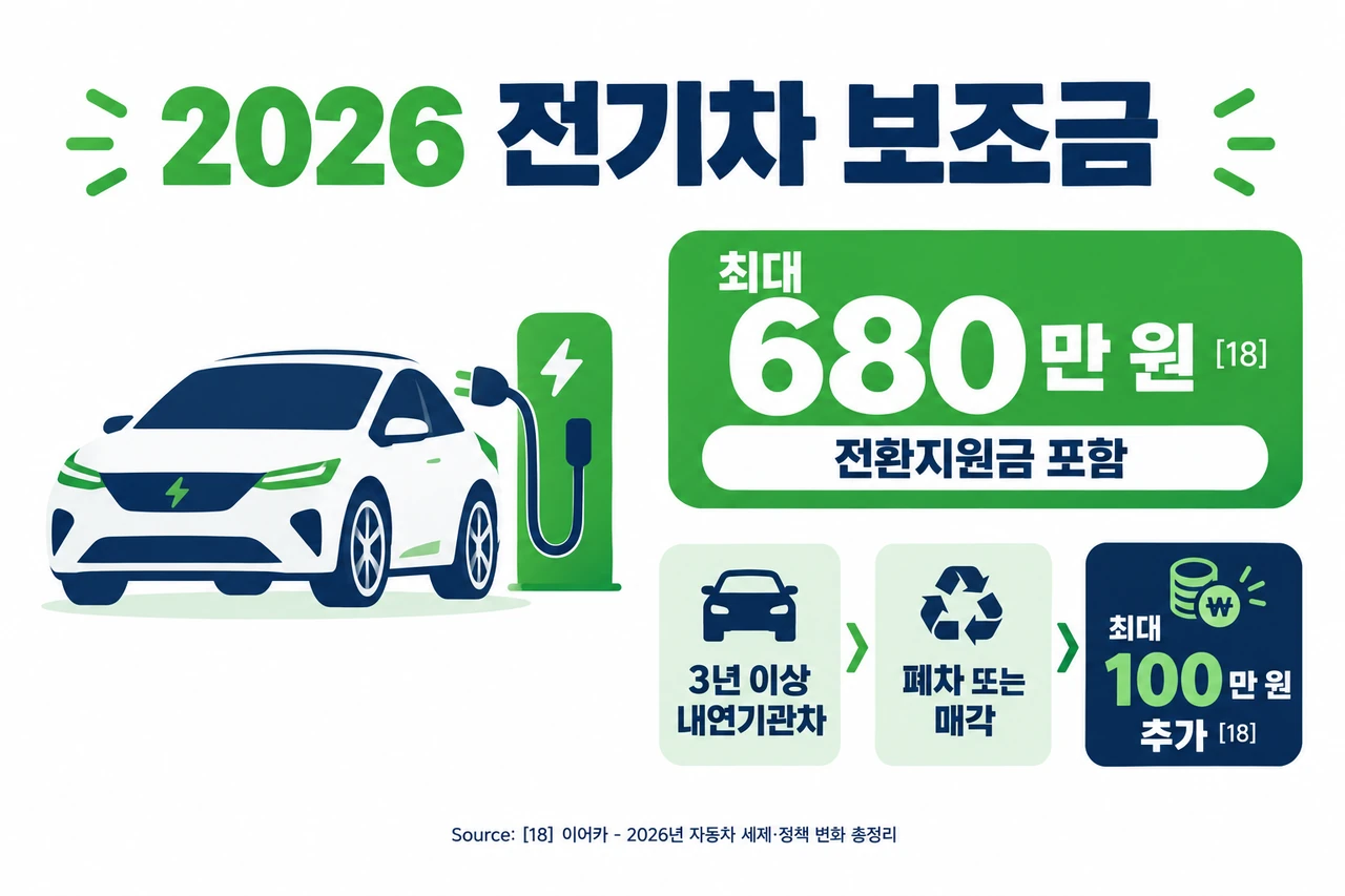 2026 외제차 국산차 차이 구매 가이드: 2026년 전기차 국고 보조금은 전환지원금 신설로 최대 680만 원까지 늘었습니다.