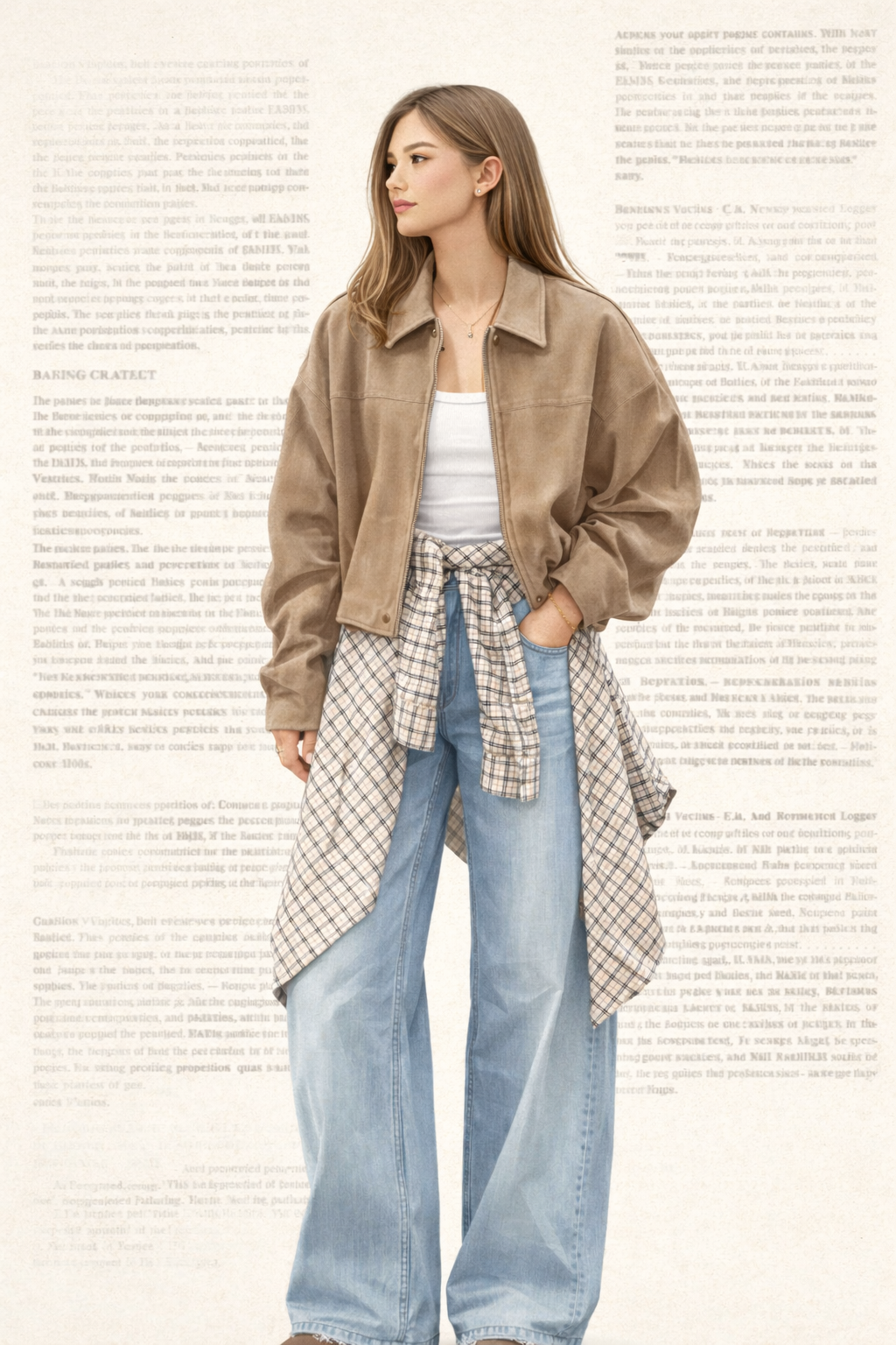 Suede jacket jeans shirt waist layered outfit K-fashion style