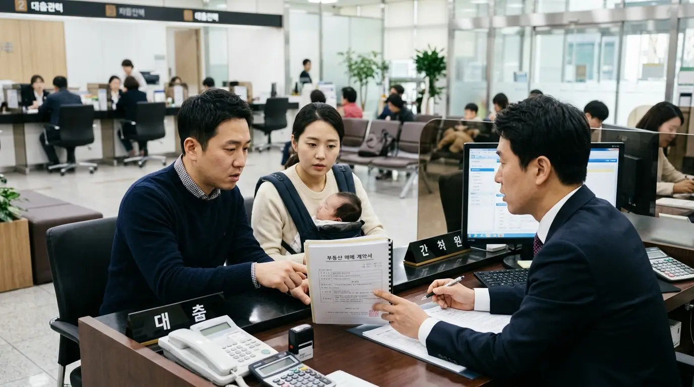 시중 은행 대출 창구에서 30대 부부가 아기 띠를 한 채 직원에게 기존 주택 매매 계약서를 보여주며 진지하게 대환 절차를 묻는 장면