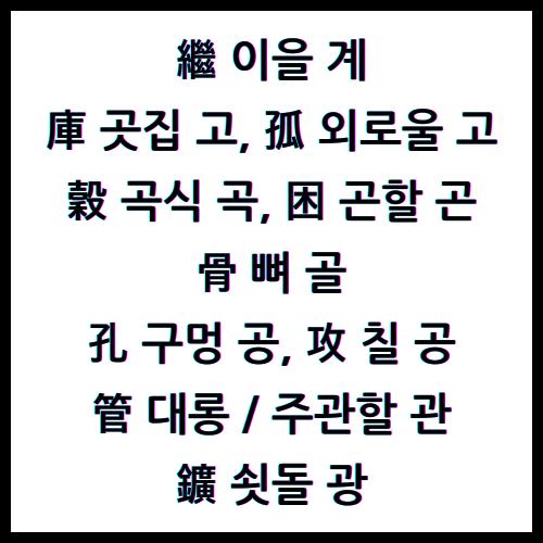繼이을계, 庫곳집고, 孤외로울고, 穀곡식곡, 困곤할곤, 骨뼈골, 孔구멍공, 攻칠공, 管대롱관, 管주관할관, 鑛쇳돌광, 한자4급