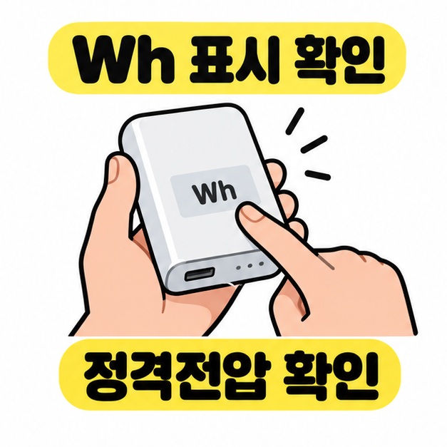손에 든 보조배터리의 Wh 표시를 손가락으로 가리키며 정격전압 확인을 안내하는 그림
