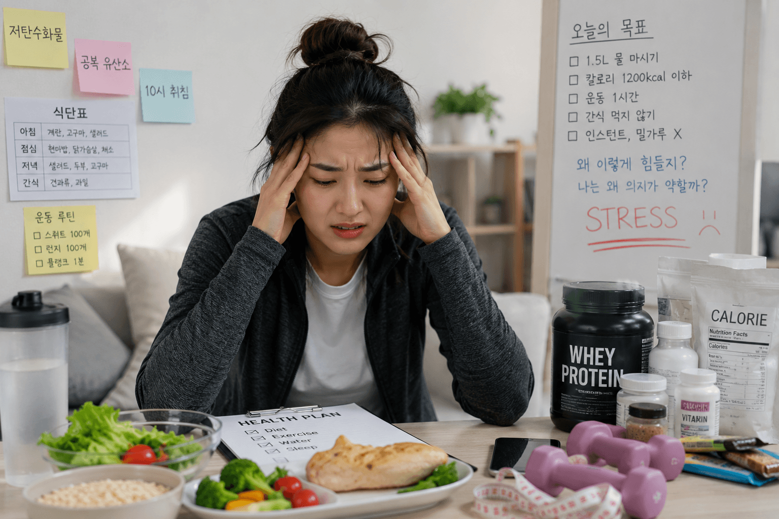 건강을 챙기려고 하다가 스트레스 받는 모습