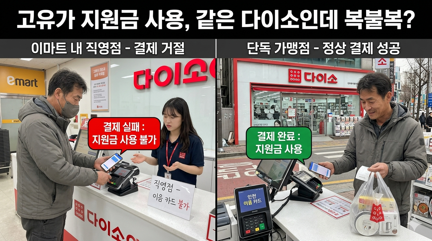 같은 다이소 매장이라도 직영점, 가맹점으로 고유가 지원금이 복불복 결제되는 경우